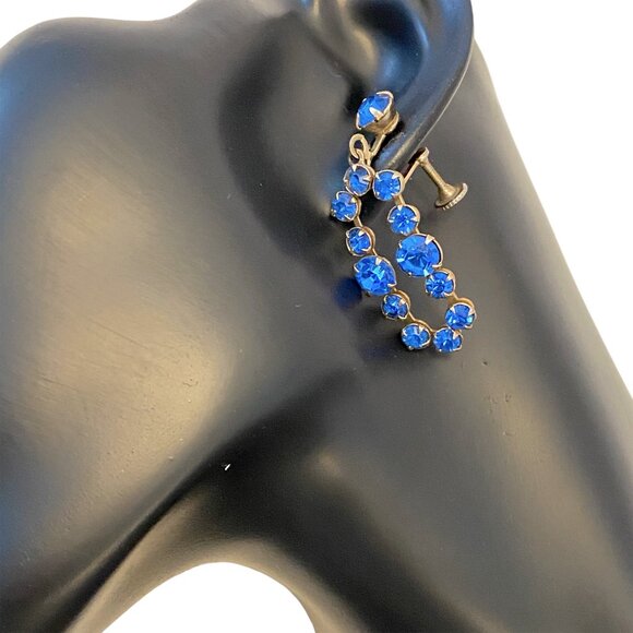 Vintage Royal Blue Stones Dangling Screw Back Earrings Prom Wedding Classic - Picture 2 of 4